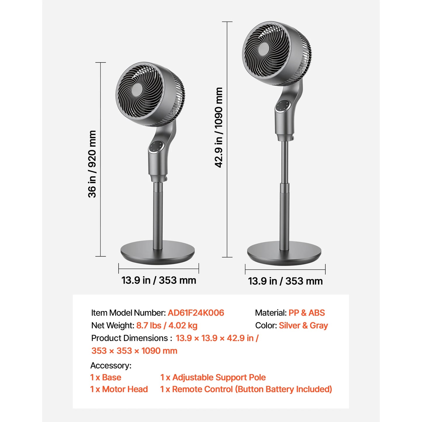SucceBuy Pedestal Fan With DC Motor Remote Control Adjustable Height