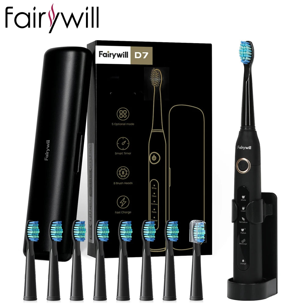 Fairywill Electric Sonic Toothbrush Waterproof Rechargeable 8 Replacement Heads
