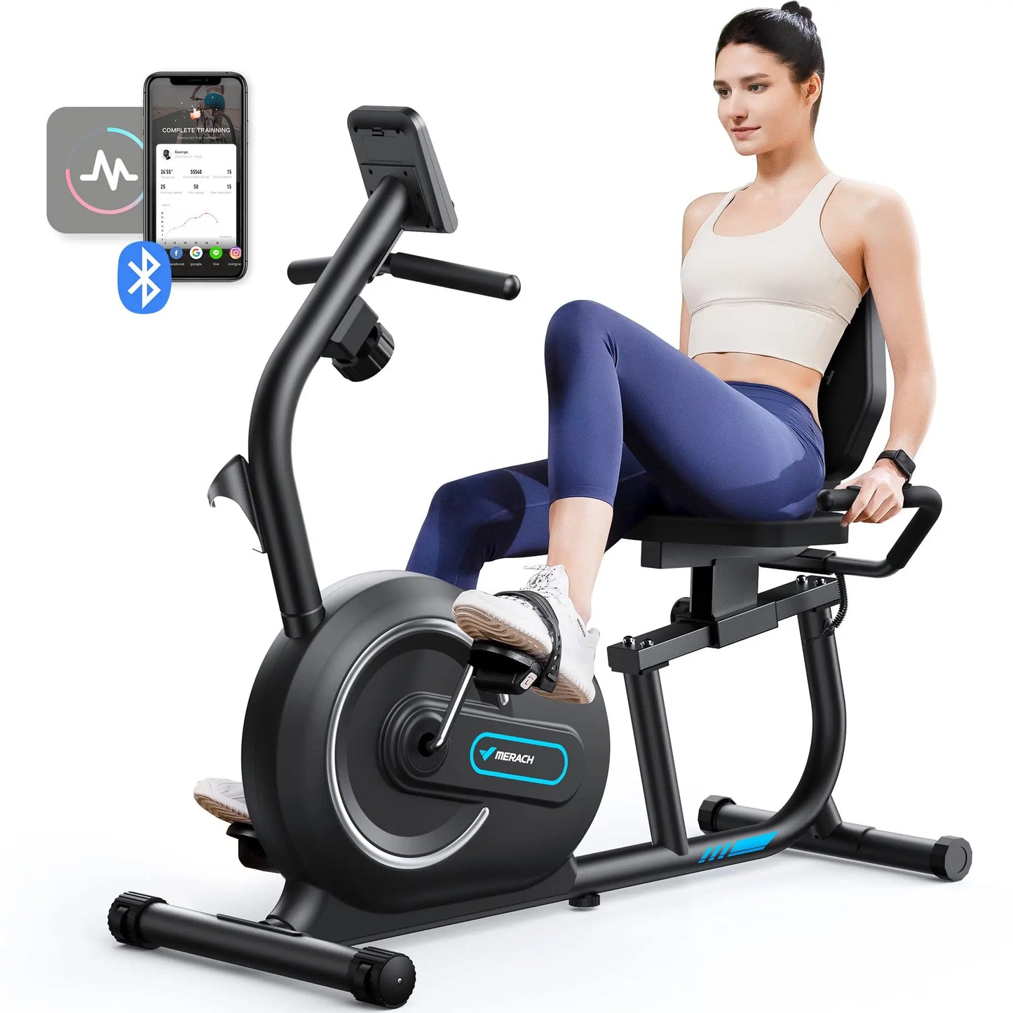 MERACH Magnetic Recumbent Exercise Bike Bluetooth Heart Rate LCD Monitor