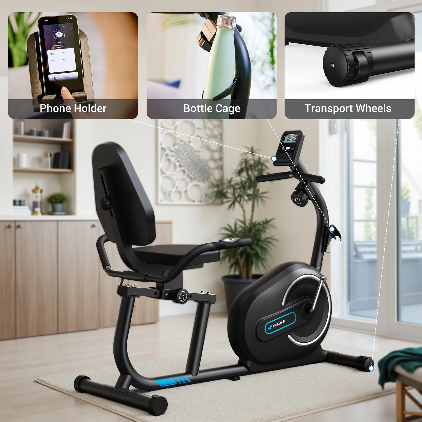 MERACH Magnetic Recumbent Exercise Bike Bluetooth Heart Rate LCD Monitor