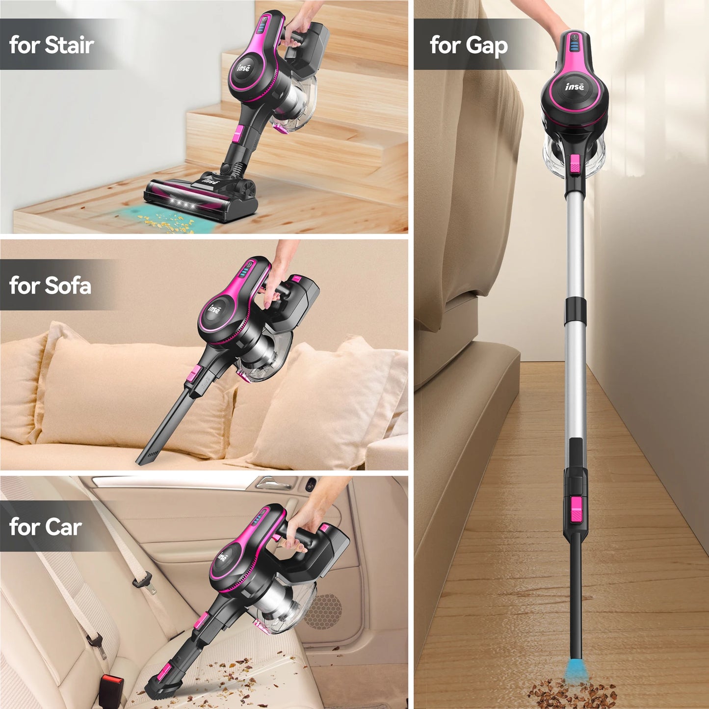 INSE Cordless Vacuum Cleaner Strong Suction Bagless Rechargeable Home Cleaning