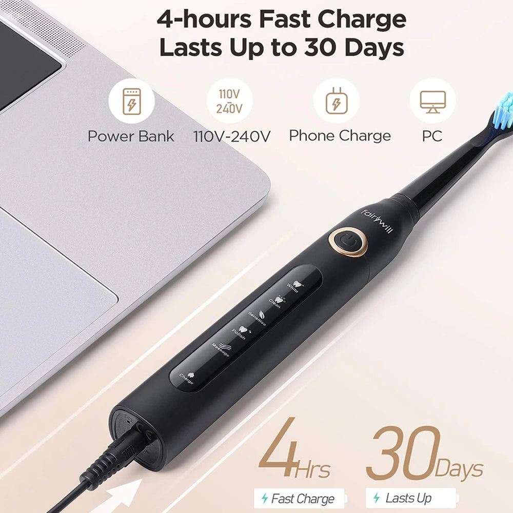 Fairywill Electric Sonic Toothbrush Waterproof Rechargeable 8 Replacement Heads