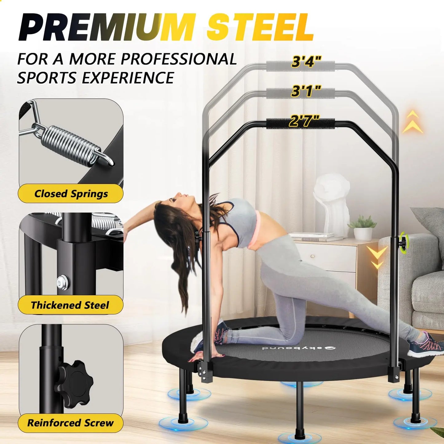 Foldable Adult Fitness Trampoline Rebounder With Adjustable Handle