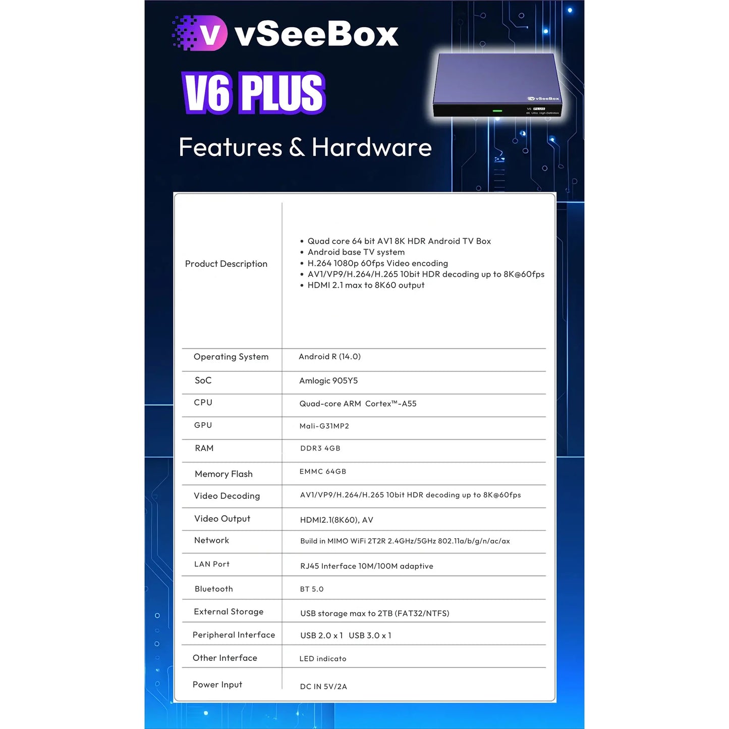 VseeCzydore VseeBox V6 Plus 64GB 8K Bluetooth Android TV Box
