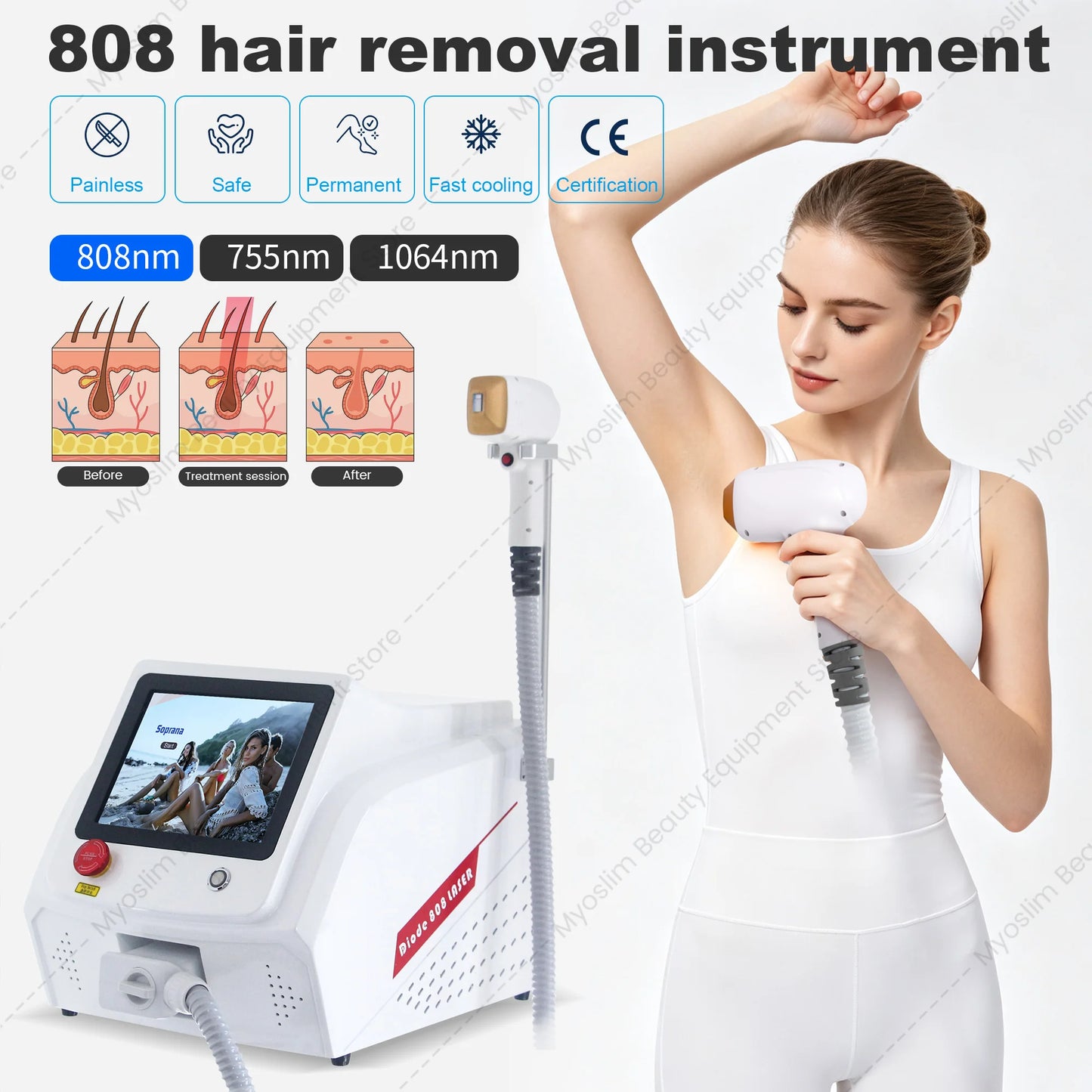 Myoslim 808nm Diode Laser Hair Removal Machine Ice Painless Cooling