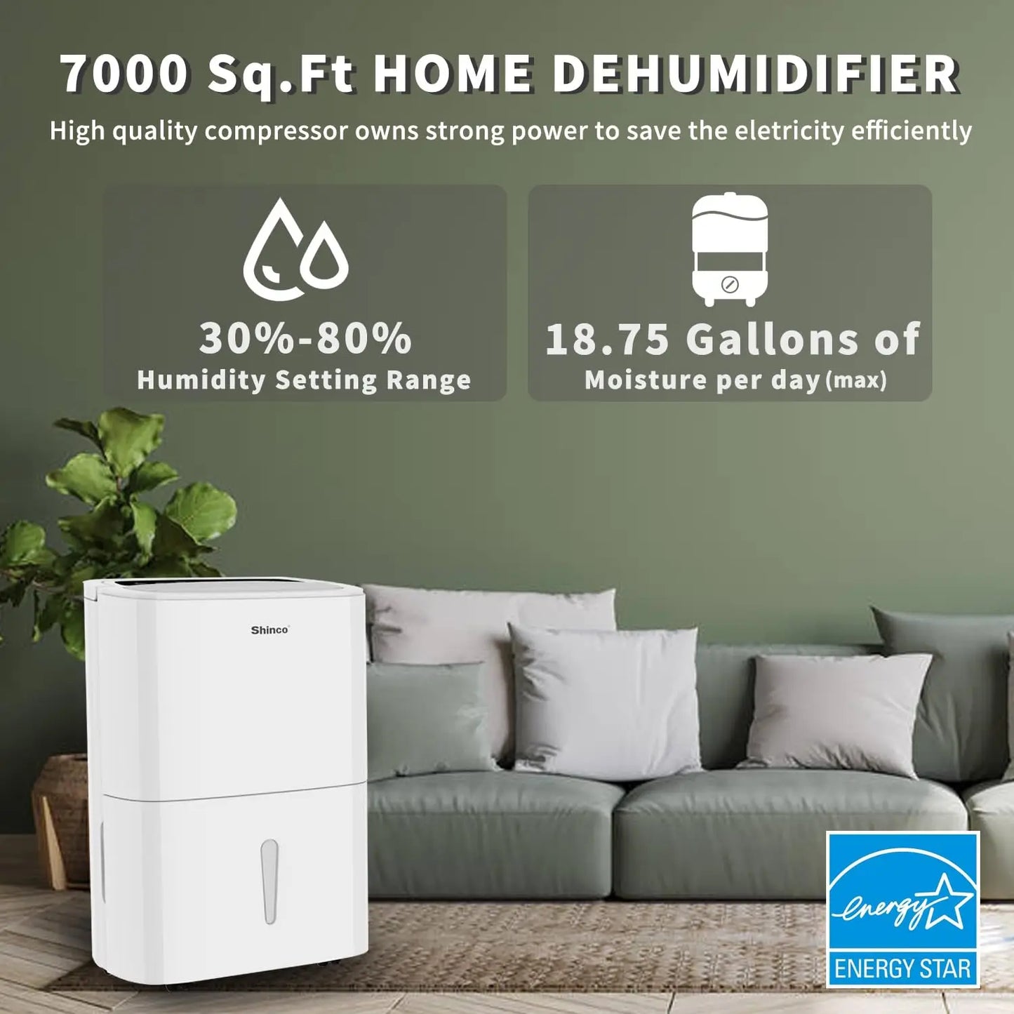 Shinco 150 Pints Energy Star Dehumidifier With Built-In Pump