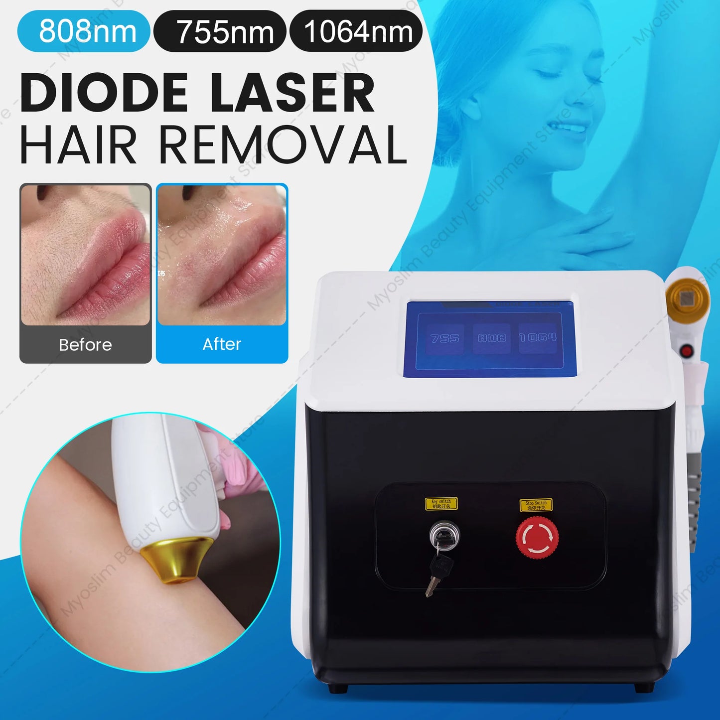 MYOSLIM 808nm Diode Laser Hair Removal Device Painless Permanent Cooling
