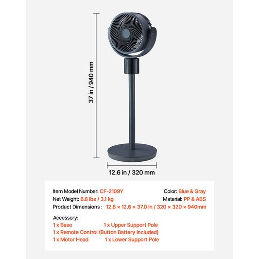 SucceBuy Pedestal Fan With DC Motor Remote Control Adjustable Height