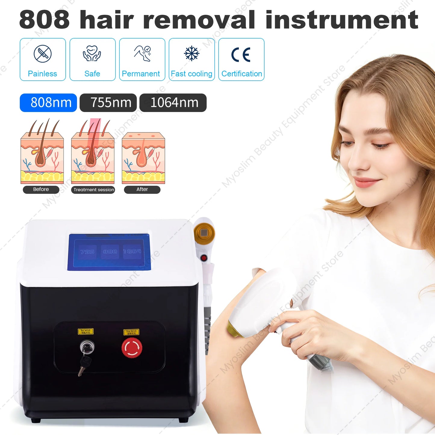 MYOSLIM 808nm Diode Laser Hair Removal Device Painless Permanent Cooling