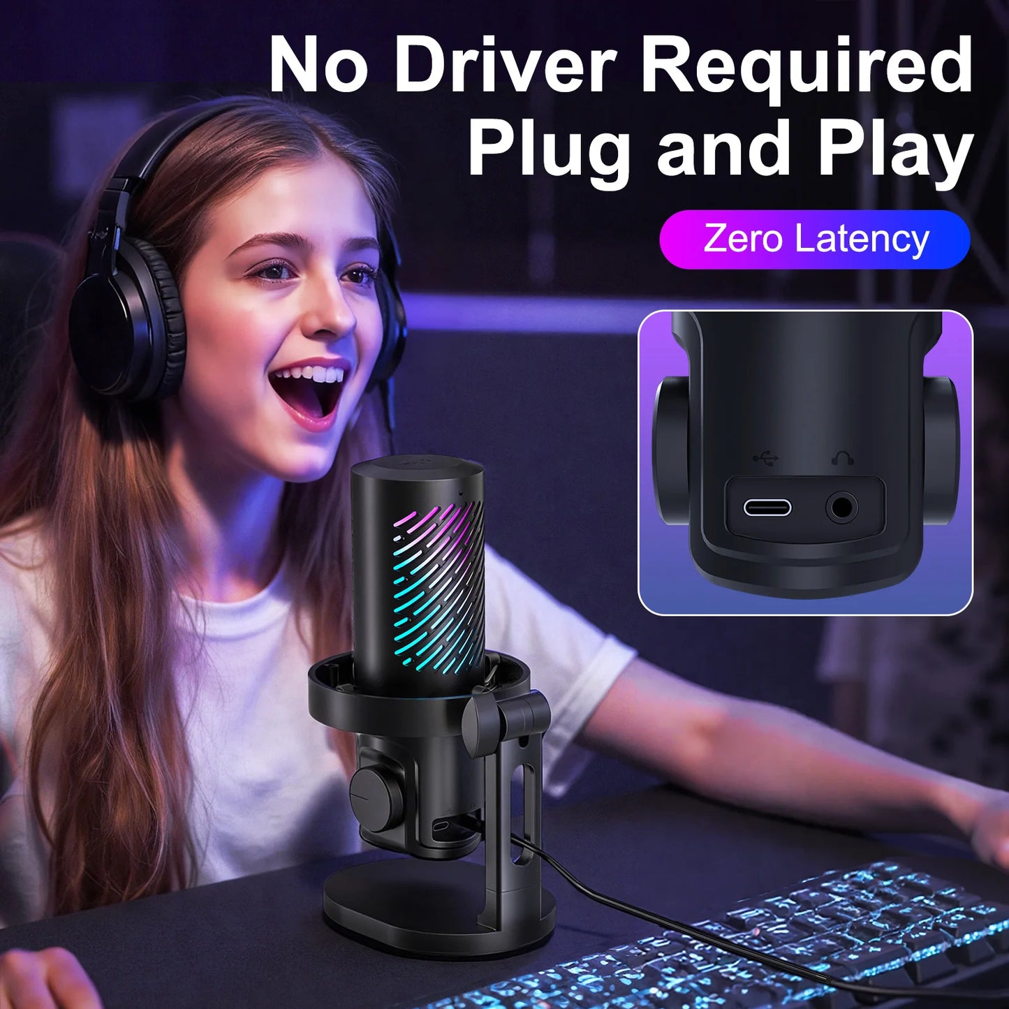 Tenlamp RGB USB Gaming Microphone Condenser Noise Cancelling For Streaming