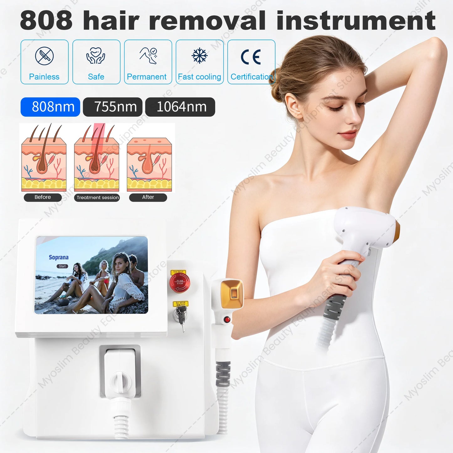 Myoslim 3 Wavelength Diode Permanent Hair Removal Machine Ice Cooling