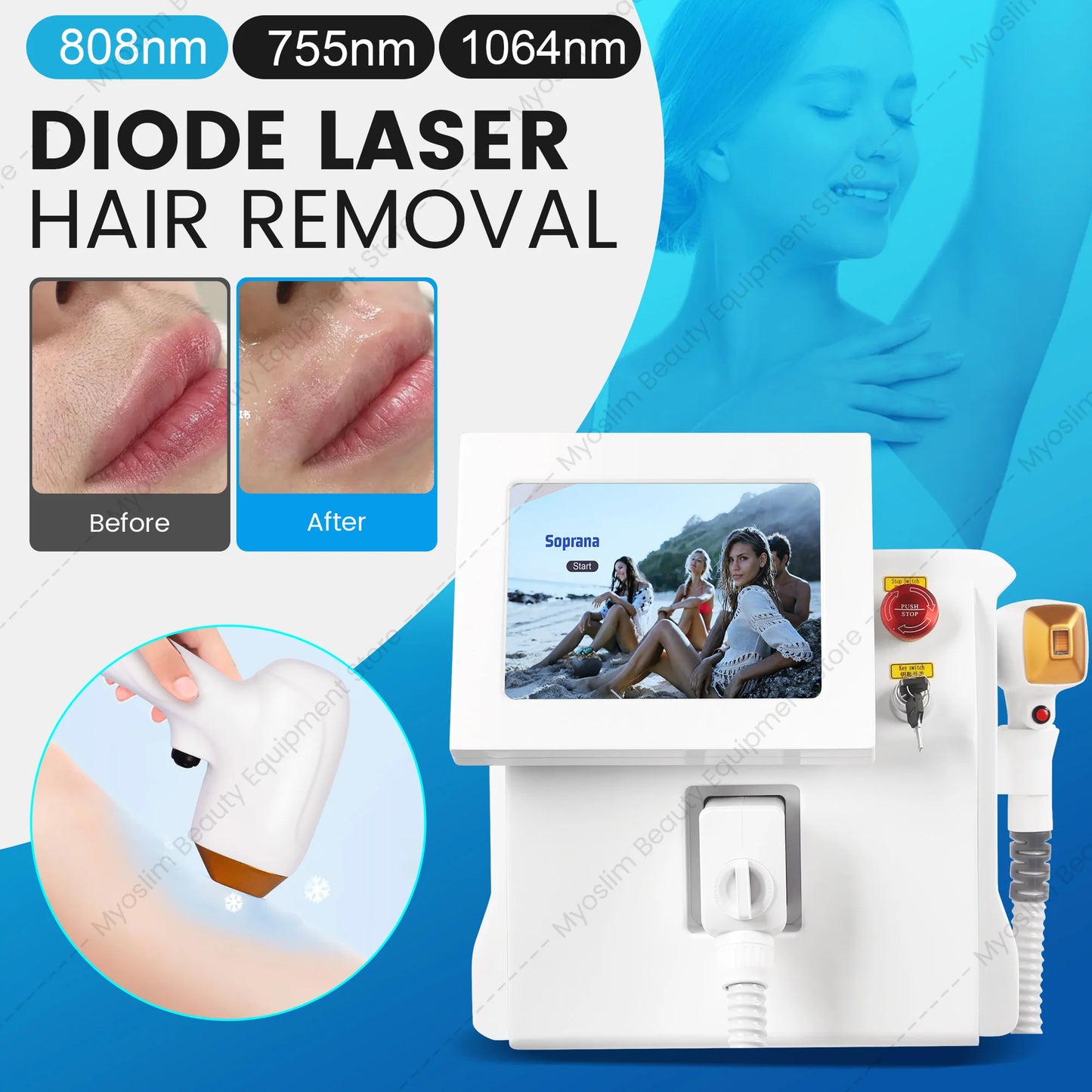 Myoslim 3 Wavelength Diode Permanent Hair Removal Machine Ice Cooling