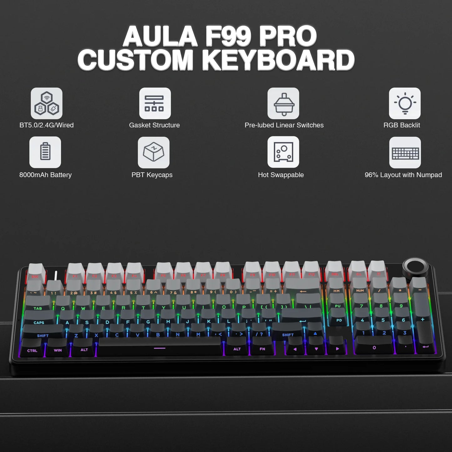 Aula F99PRO Wireless Mechanical Keyboard With Hot-Swap Gasket Structure