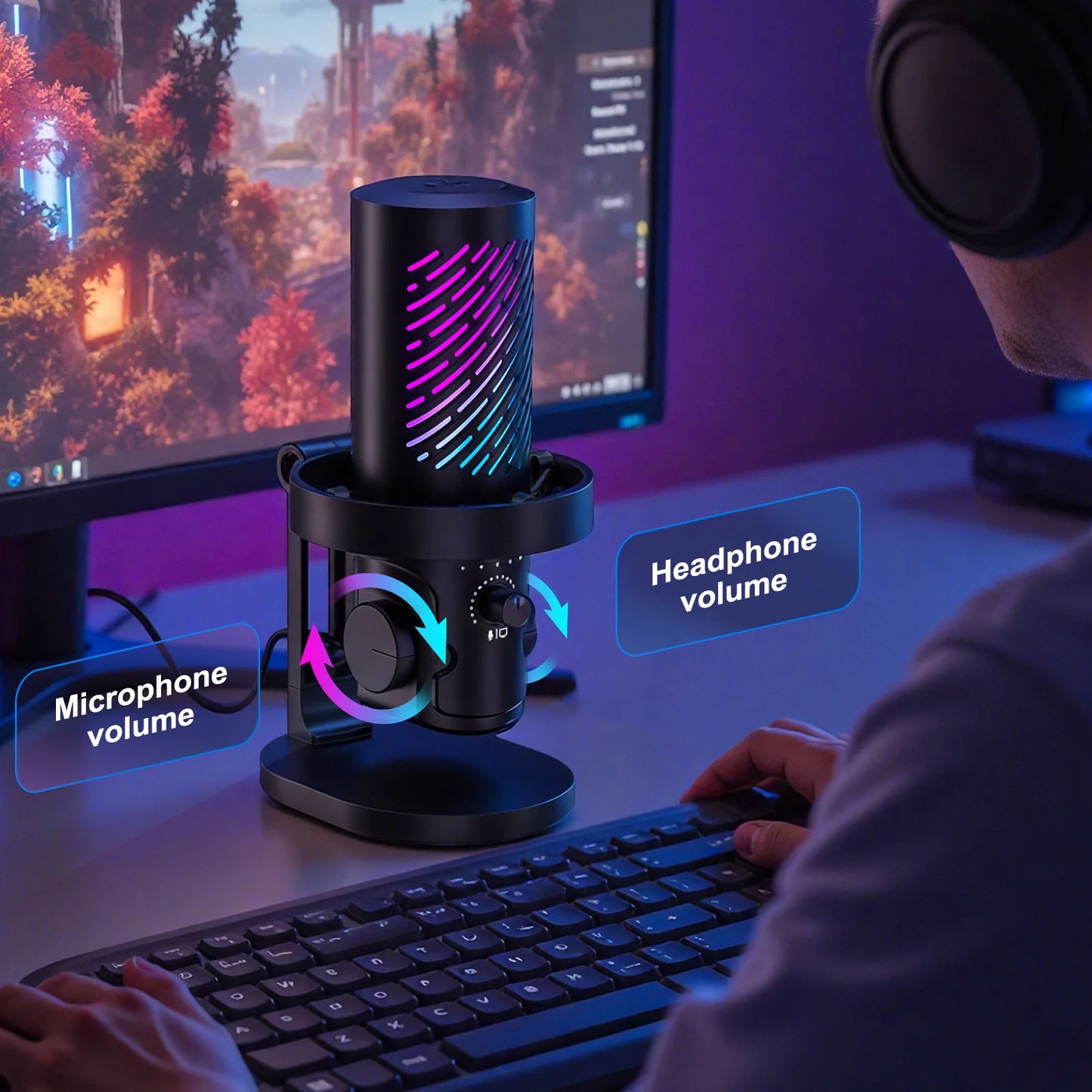 Tenlamp RGB USB Gaming Microphone Condenser Noise Cancelling For Streaming