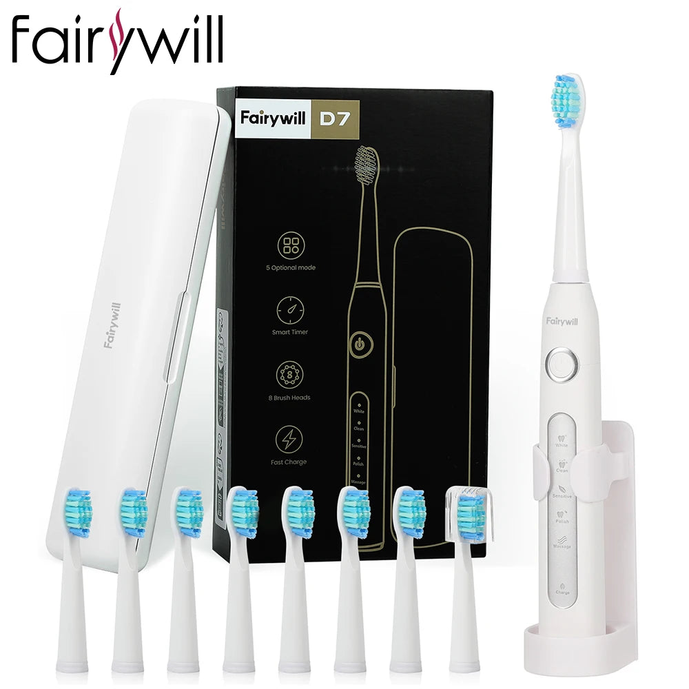 Fairywill Electric Sonic Toothbrush Waterproof Rechargeable 8 Replacement Heads