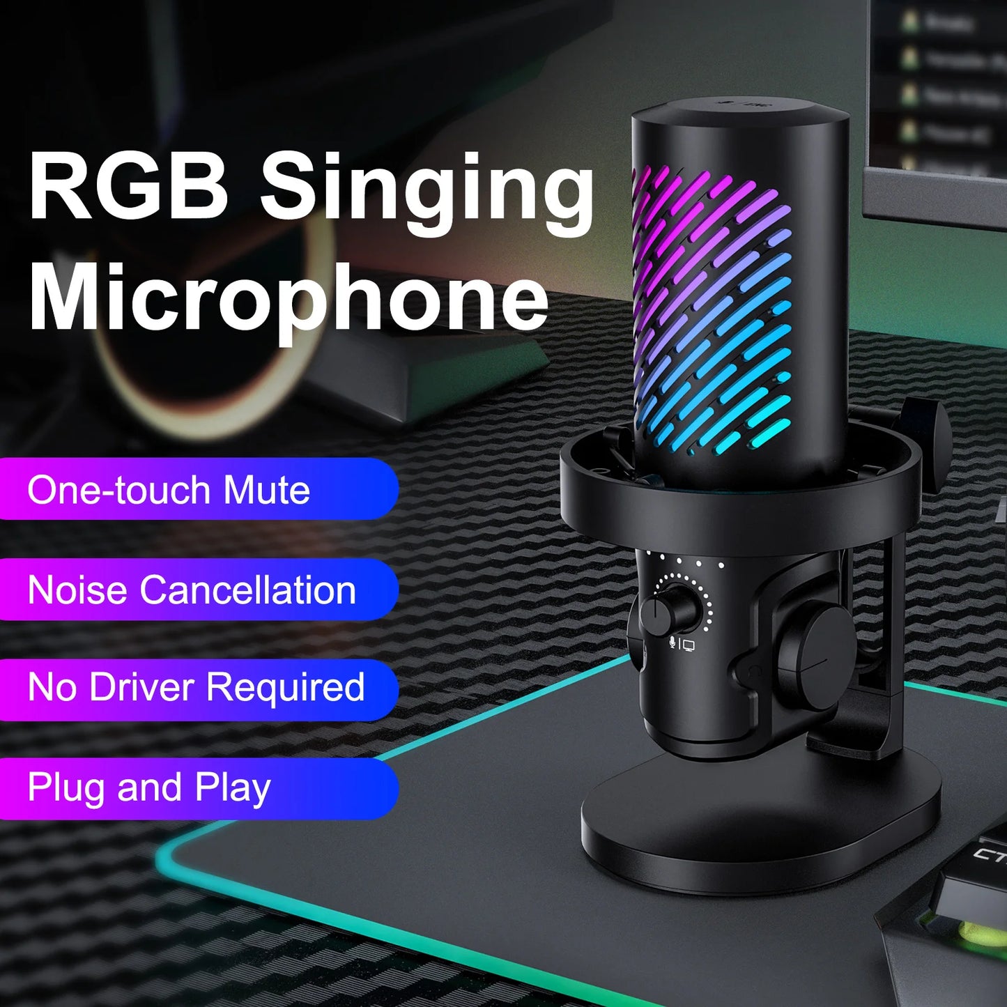 Tenlamp RGB USB Gaming Microphone Condenser Noise Cancelling For Streaming