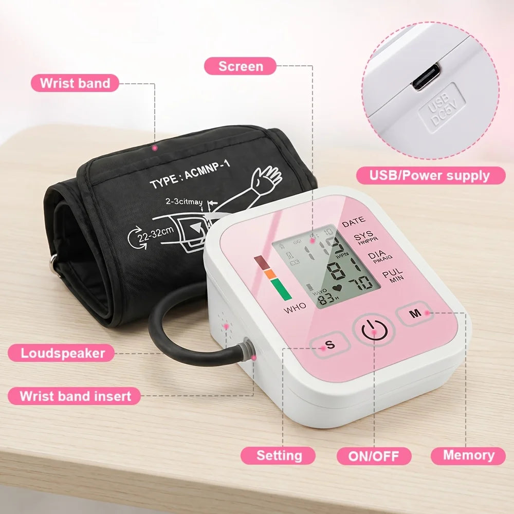 Automatic Upper Arm Blood Pressure Monitor Heart Rate LCD Display
