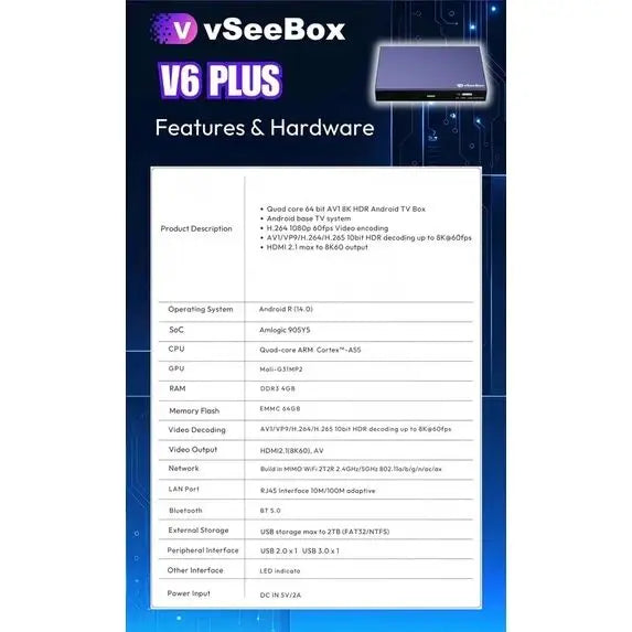 VSeeBox V6 Android TV Box 64GB Storage Voice Control Bluetooth
