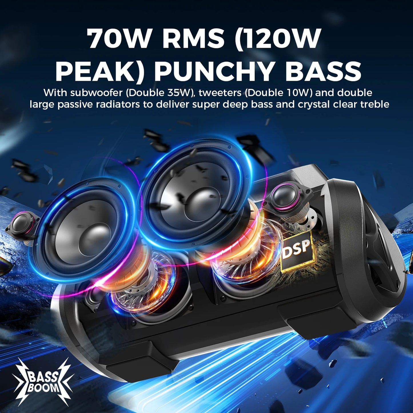 W-King 70W Portable Bluetooth Speaker IPX6 Waterproof Subwoofer Bass Boost