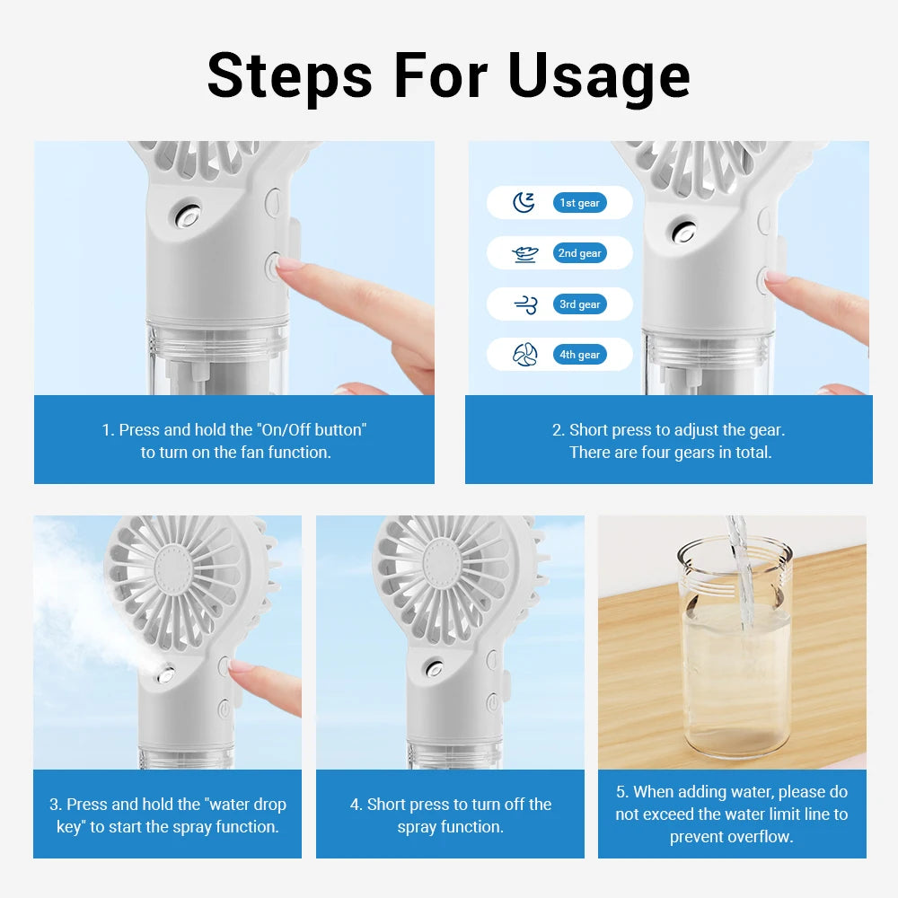 Portable Water Mist Humidifier Fan USB Mini 4 Speeds