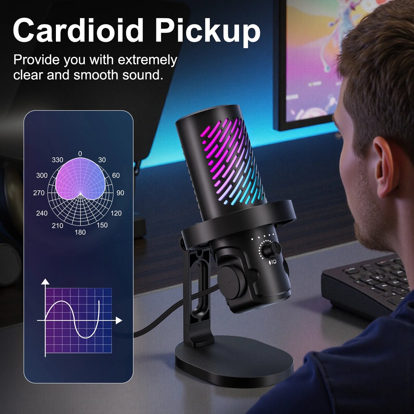 Tenlamp RGB USB Gaming Microphone Condenser Noise Cancelling For Streaming
