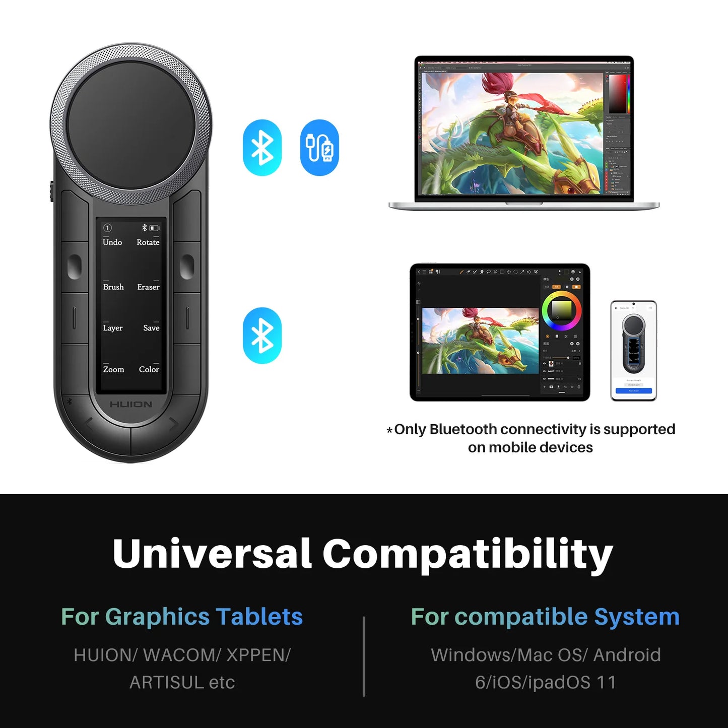 Huion Keydial Wireless Keyboard Controller Bluetooth Fits Windows Mac Android