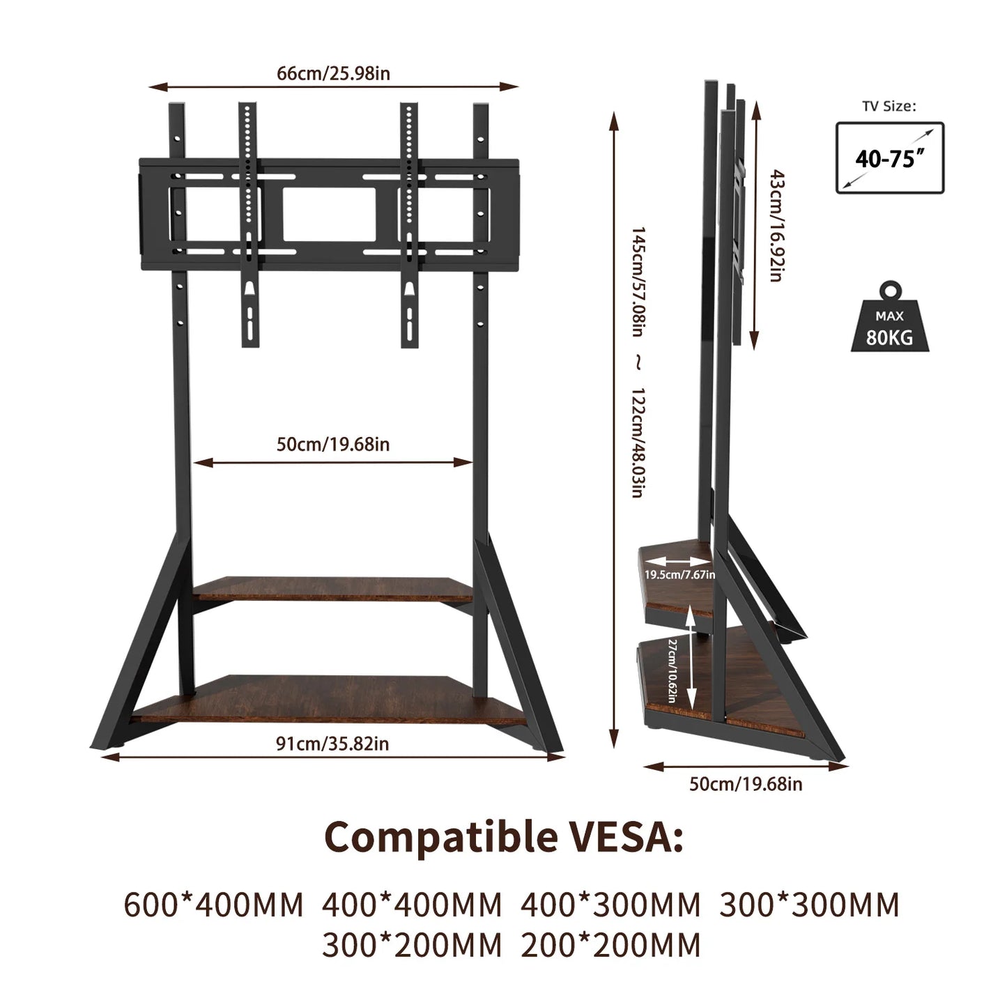 Unho Adjustable Height Rolling Floor Stand Professional Grade TV Bracket