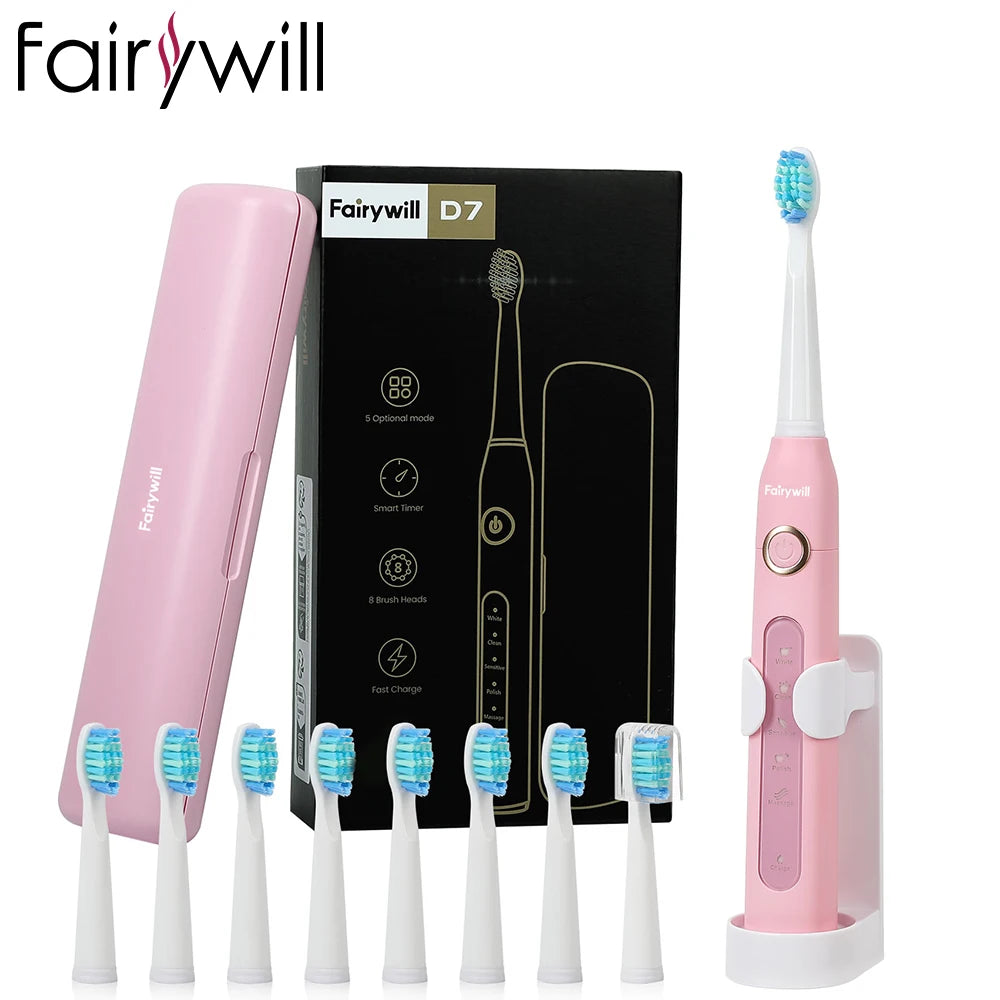 Fairywill Electric Sonic Toothbrush Waterproof Rechargeable 8 Replacement Heads