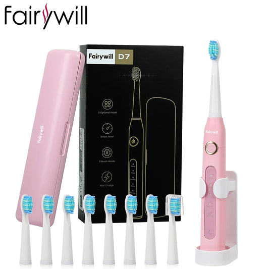 Fairywill Electric Sonic Toothbrush Waterproof Rechargeable 8 Replacement Heads