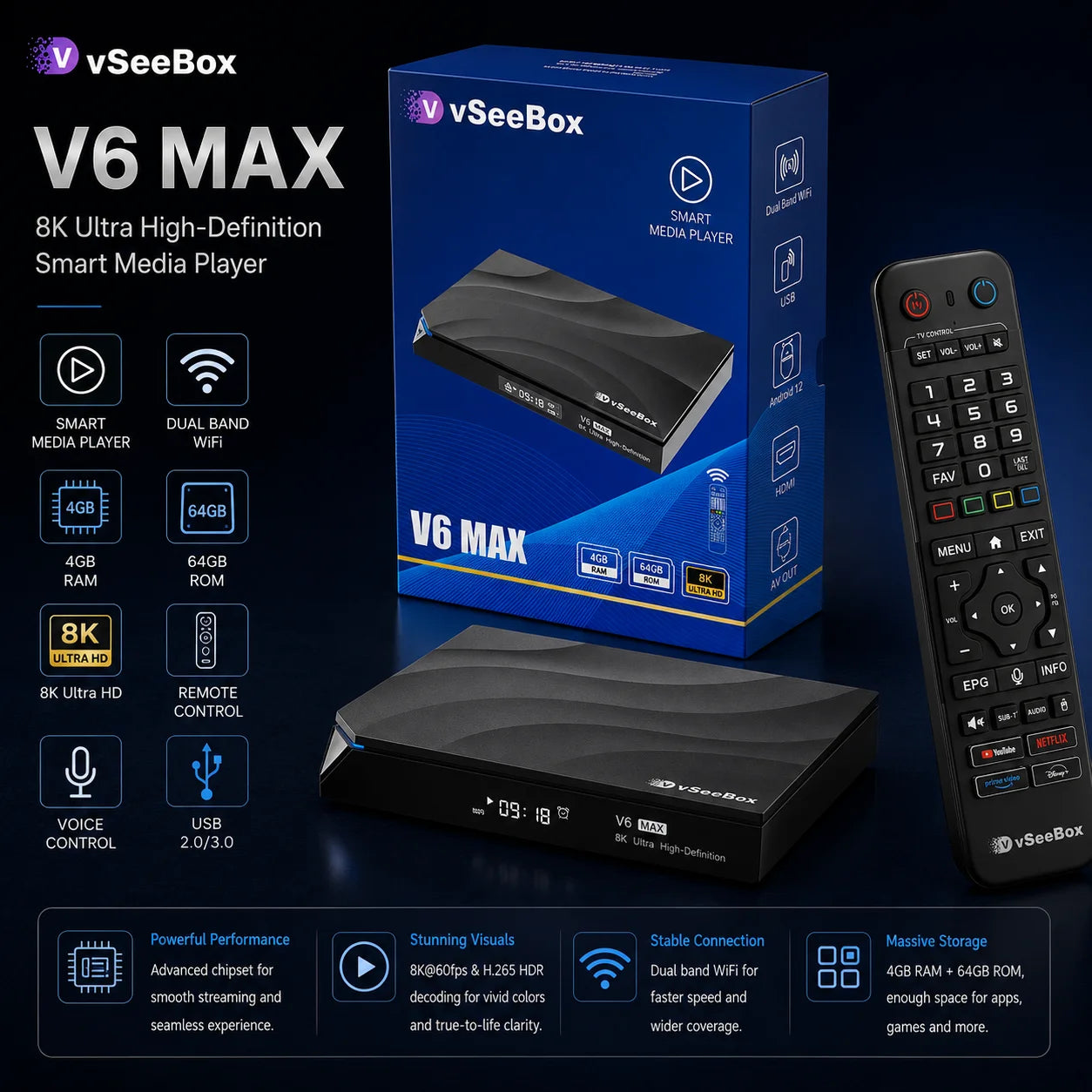 Vseebox V6 Max Android TV 6K Ultra HD Multimedia Player