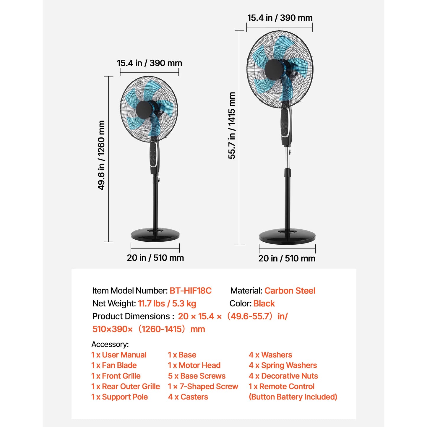 SucceBuy Pedestal Fan With DC Motor Remote Control Adjustable Height