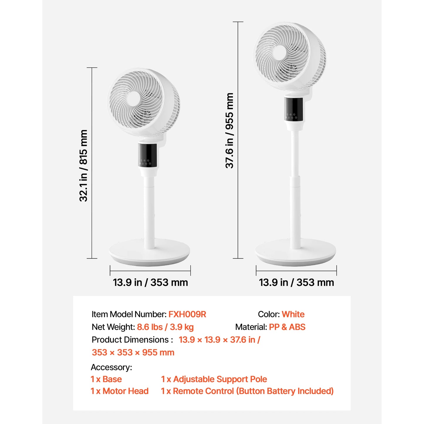 SucceBuy Pedestal Fan With DC Motor Remote Control Adjustable Height
