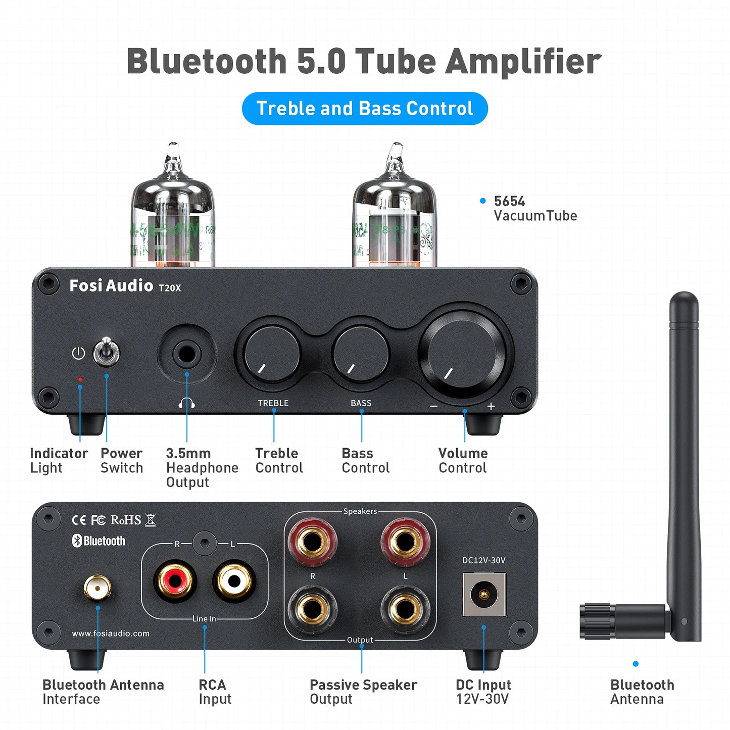 Fosi Audio T20X 100W Bluetooth Vacuum Tube Stereo Power Amplifier
