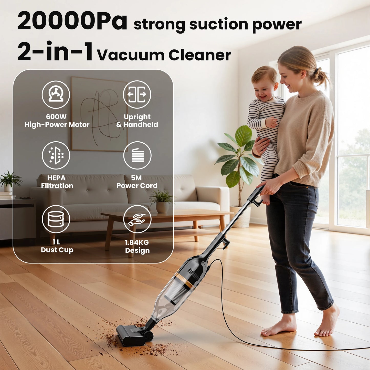 Inse Corded Stick Vacuum Cleaner 600W Powerful Handheld Floor Cleaning